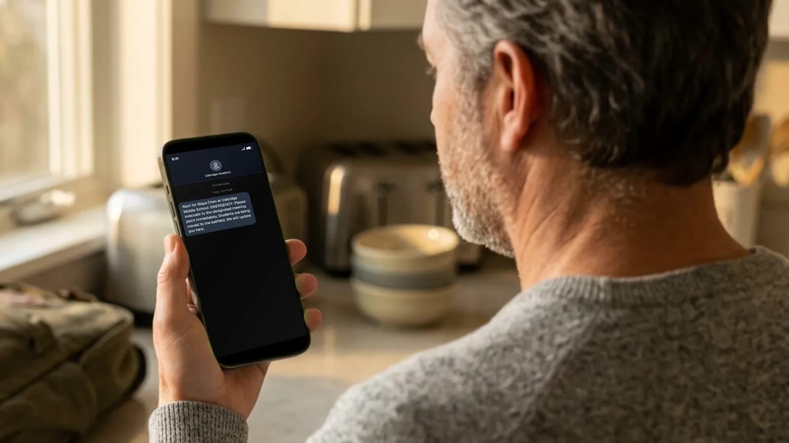 A parent in his kitchen reads a school evacuation alert about his daughter on his phone.