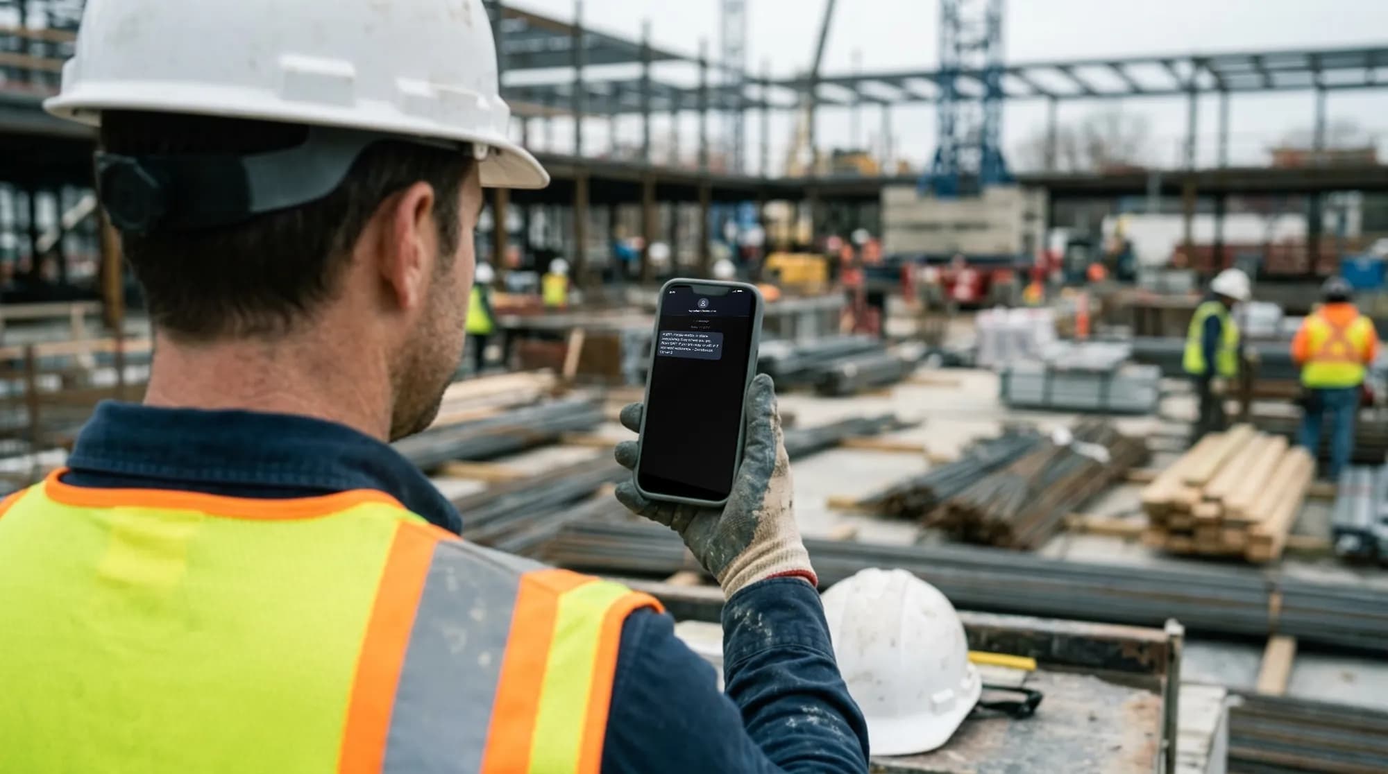 A construction worker in a hard hat reads a SafeAlert shelter-in-place text on his phone at an active job site.